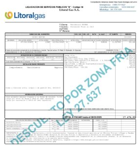 Boleta de gas con el sello "LEY POR ZONA FRÍA 27.637" en diagonal, correspondiente a un usuario de Rufino. El total a pagar es de $17.474,60.