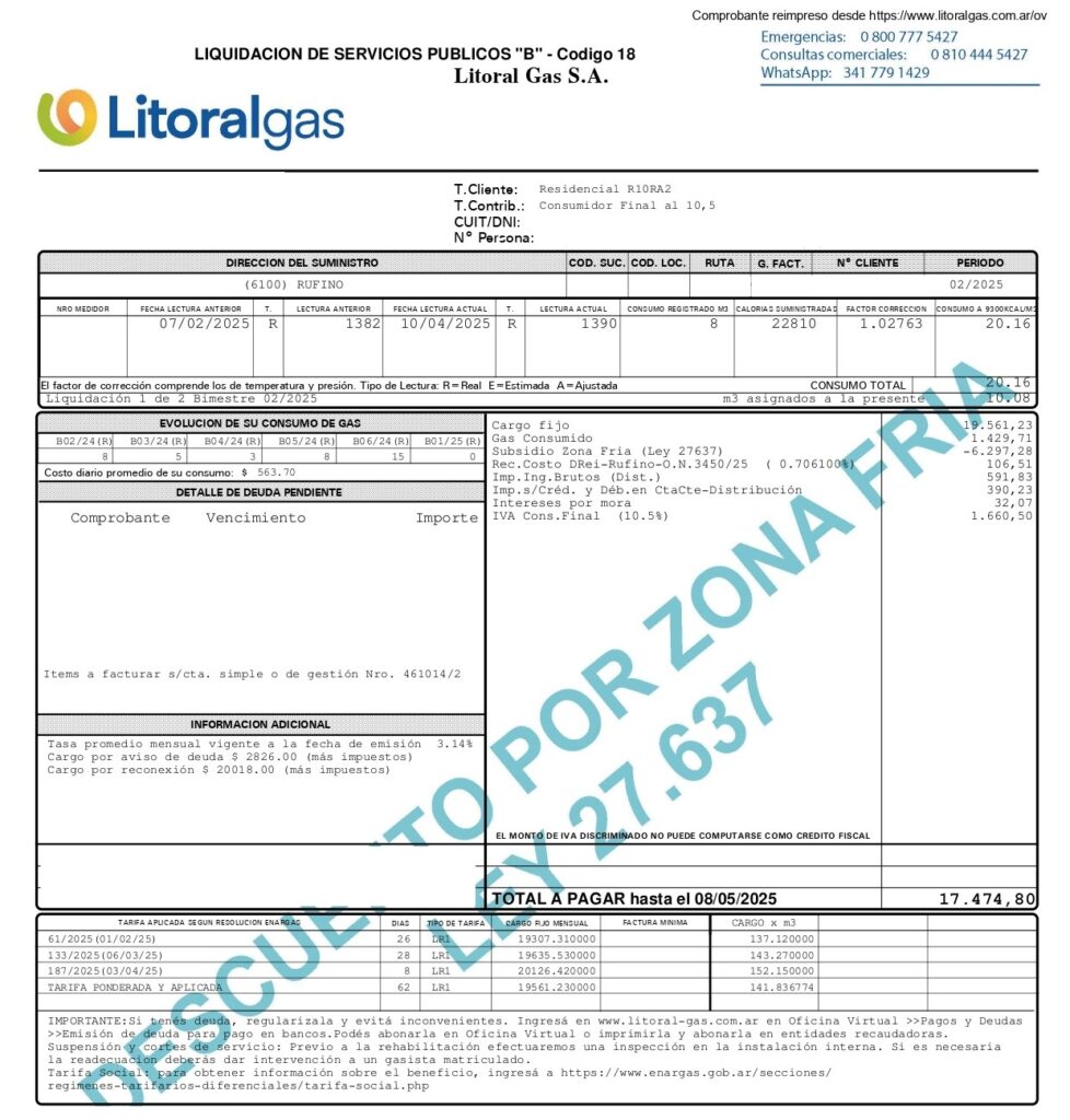 Boleta de gas con el sello "LEY POR ZONA FRÍA 27.637" en diagonal, correspondiente a un usuario de Rufino. El total a pagar es de $17.474,60.