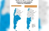 Dos mapas de Argentina: el de la izquierda muestra las zonas con descuento en gas vigente hasta 2026, incluyendo Santa Fe. El de la derecha muestra las zonas que quedarían si se aprueba el proyecto del gobierno Milei: solo Patagonia, Malargüe y la Puna.