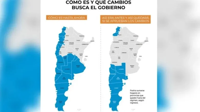 Dos mapas de Argentina: el de la izquierda muestra las zonas con descuento en gas vigente hasta 2026, incluyendo Santa Fe. El de la derecha muestra las zonas que quedarían si se aprueba el proyecto del gobierno Milei: solo Patagonia, Malargüe y la Puna.